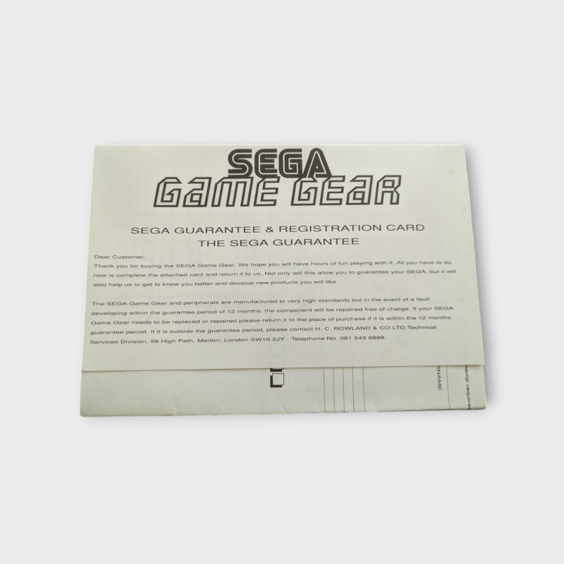 Registration Card Sega Game Gear EUR